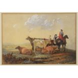 19th century English school, cattle and figures in a landscape, watercolour, 18cm x 26cm.