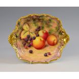 Royal Worcester two handled oval dish, 20th century, hand painted withfruit signed H Ayrton', with