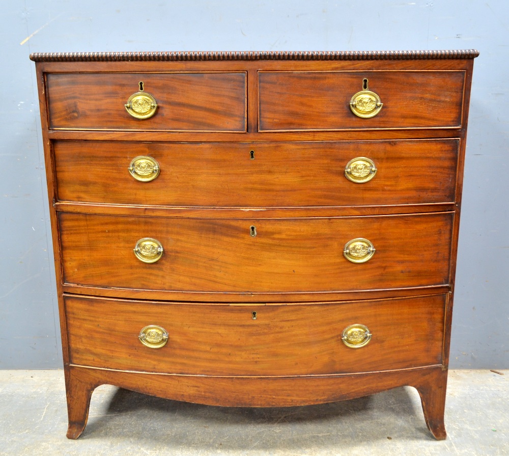 19th Century mahogany bow fronted chest, two short over three long drawers on bracket base, 107 x
