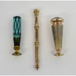 Victorian gilt metal pencil, in engraved case with clear stone set finial, two French cased seals,