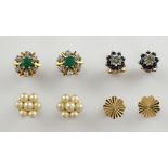 Four pairs of earrings, emerald and diamond studs, set in 18 ct, three other pairs, pearl earrings