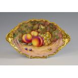 A Royal Worcester two handled oval dish, 20th century, hand painted with fruit and signed H