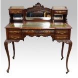 19th Century style French ladies walnut writing desk, with mirror and two drawers above green