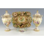 Pair of early 20th century Dresden vases and covers, 16cm high, a Dresden floral encrusted