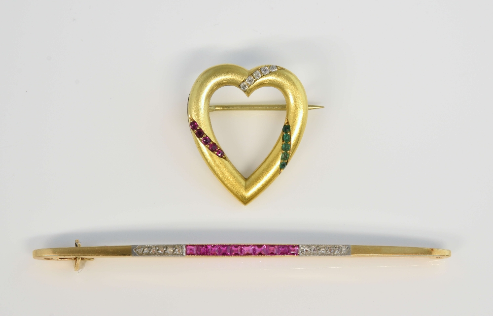 Two continental Art Deco brooches, one heart form set with small diamonds, rubies and demantoid