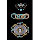 Three antique turquoise brooches including a gold and turquoise brooch with a carved hardstone