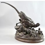 After A. Arson, cast bronze figural group of pheasant with chicks, on oval base, marked Admix aux