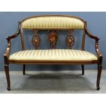 Early 20th century marquetry inlaid parlour suite, comprising a settee and two open arm chairs.