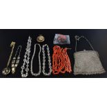 Group of items, three coral branch necklaces, white metal chain mail bag, a cloisonné pendant and