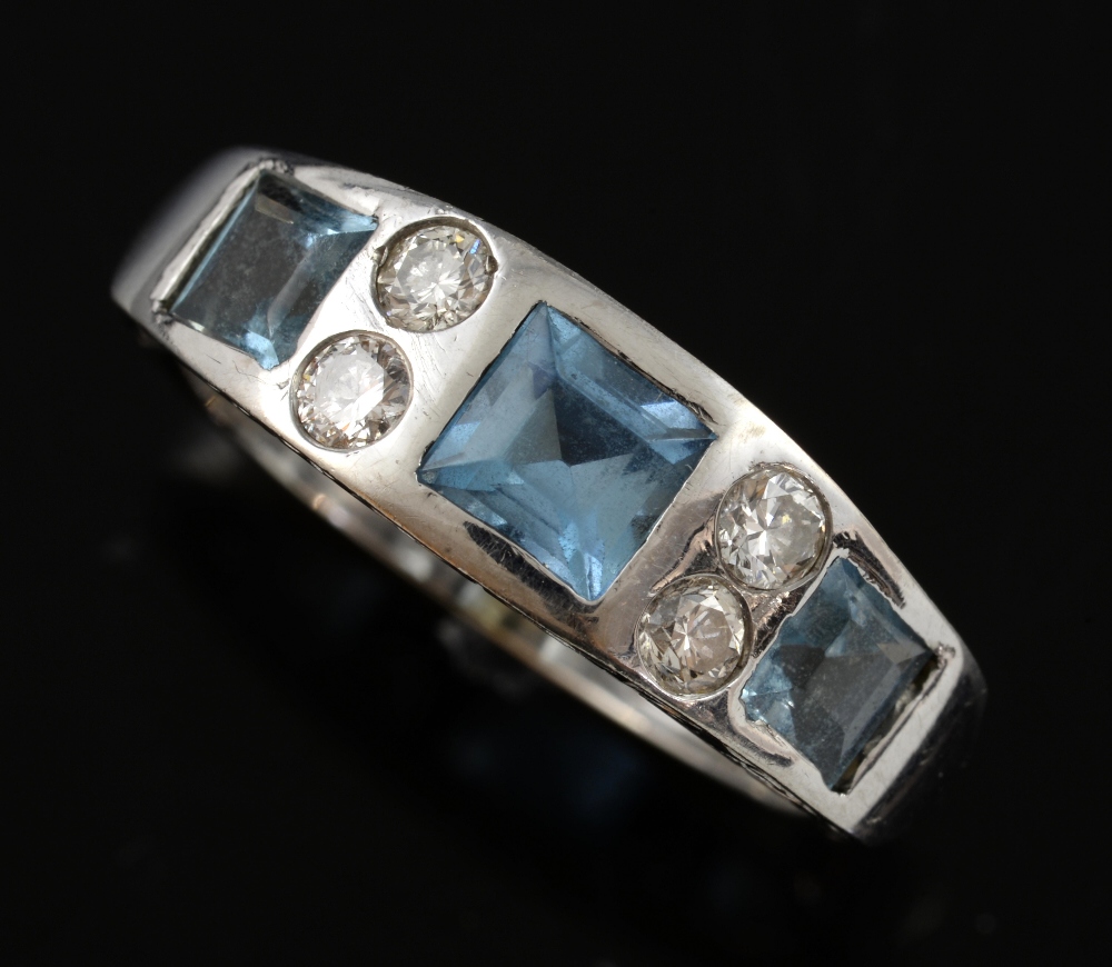 Aquamarine and diamond dress ring, three aquamarines set with four round brilliant cut diamonds, - Image 2 of 2