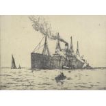 Early 20th Century dry point etching of a steamer monogrammed Nelson Dawson - 26 x 36 cm .