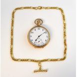 Gold open face pocket watch, white dial with Arabic numerals and with subsidiary dial, 9ct gold