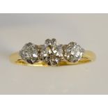 Old cut diamond three stone ring, three claw set old cut diamonds, estimated total diamond weight