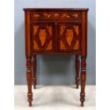 19th century mahogany and marquetry inlaid bedside cupboard, single drawer above two cupboard doors,