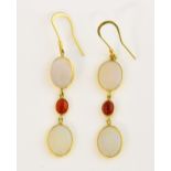 Opal and agate articulated drop earrings, oval cabochon cut opals and agates, bezel set in yellow