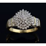 Diamond cluster ring with diamond set shoulders in white and yellow 9ct gold, ring size R . 5.5