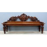 19th century carved oak hall seat, with raised back, 200 cm wide. back has been off and repaired