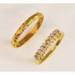 Two gold rings, diamond ring, claw set round brilliant cut diamonds, ring size J 1/2, and a