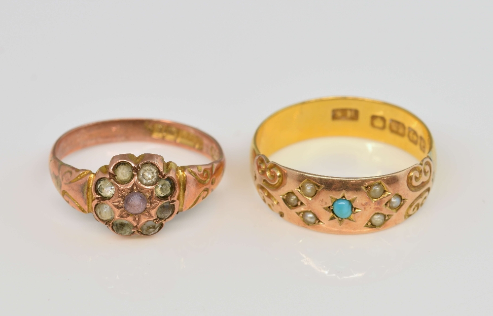 Two rings, Edwardian paste set cluster ring, hallmarked Birmingham 1918, in 9ct, ring size O 1/2,