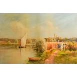 L Burleigh Bruhl, Sailing boat possibly on the Broads, Suffolk, watercolour 34cm x 52cm .