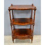 Victorian burr walnut three tier whatnot with single drawer on turned supports, 111cm x 61cm x