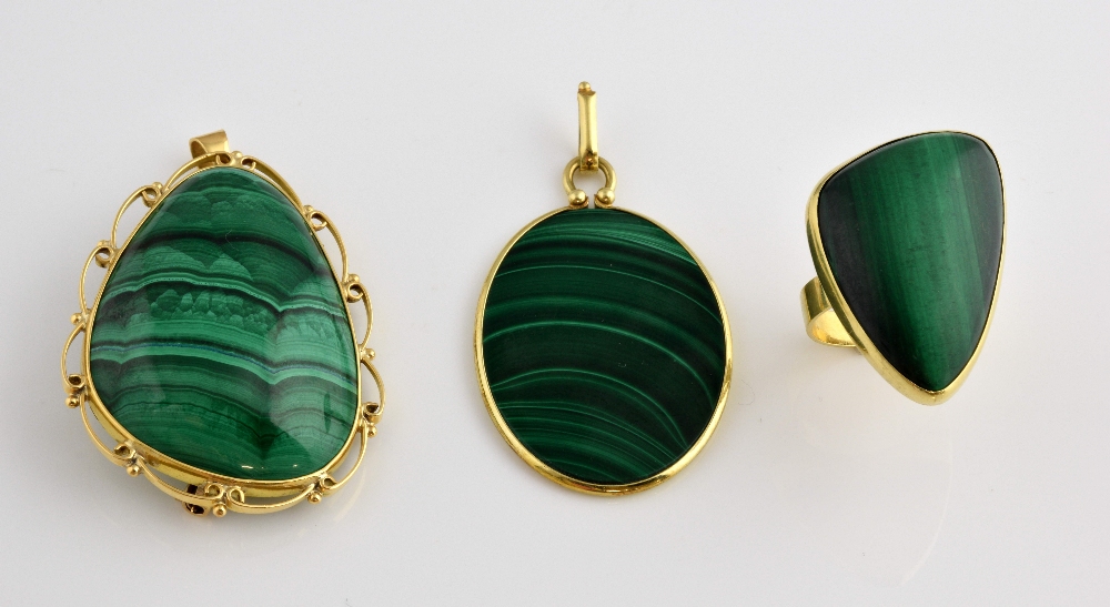 A collection of malachite jewellery, including oval pendant mounted in 14 ct, a dress ring, size O
