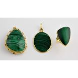 A collection of malachite jewellery, including oval pendant mounted in 14 ct, a dress ring, size O