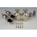 Modern silver six piece cruet set, comprising pair of pepperettes, salts, mustard pots and covers