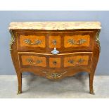 French serpentine mahogany marble topped bombe commode, with gilt metal mounts, with two drawers