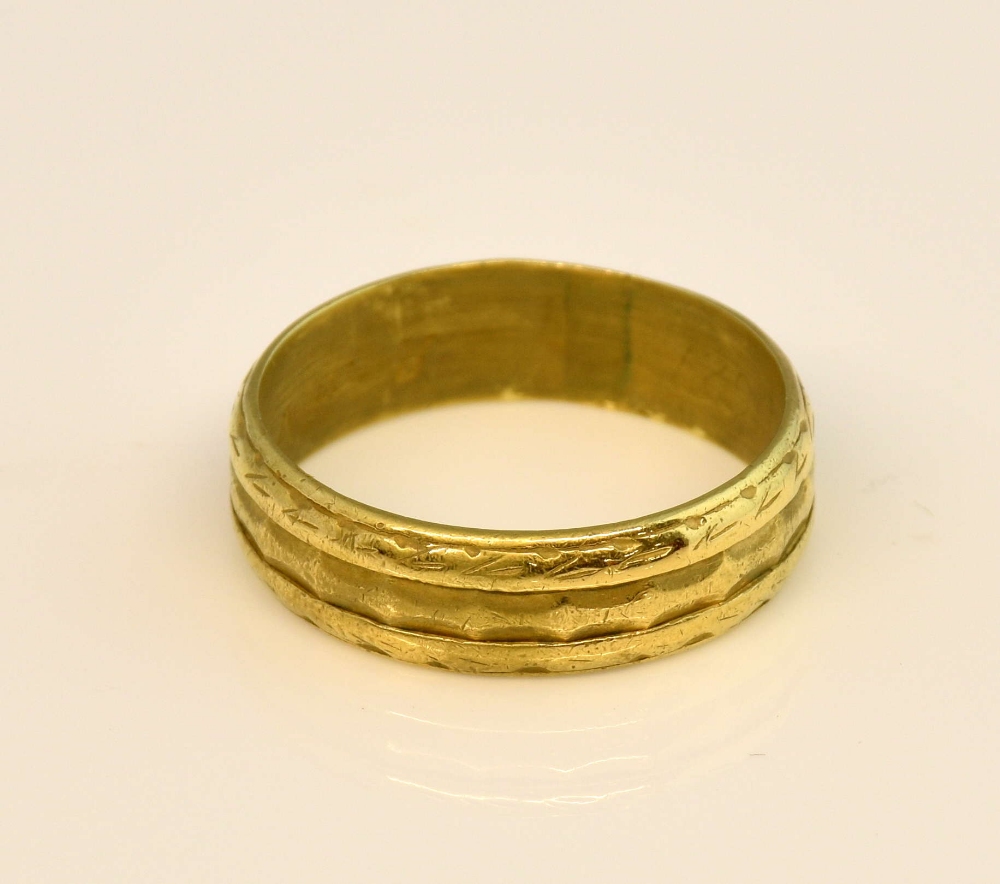 Textured wedding band, 5.7mm wide, 22ct yellow gold hallmarked London 1968, internal engraving, ring