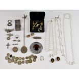 Quantity of silver and costume jewellery, including a white metal cuff bracelet, another with coins,