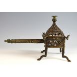 Continental bronze and silver inlaid incense burner with flower finial, bulls head decoration on