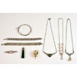 Collection of mostly silver jewellery including a bangle, two bracelets, a rose quartz set
