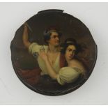 19th century Continental papier mache black lacquered snuff box, the cover with a man brandishing