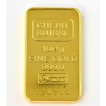 Credit Suisse, 100 g bar of 24 carat gold marked 999.9 numbered 128204.