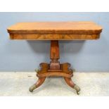 19th century mahogany folding card table on column support to splayed legs 129cm x 91cm .