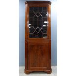 19th century mahogany free standing corner cabinet , with a glazed top above a cupboard door, on a