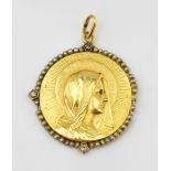 Gold medal with depiction of the Madonna, with three old cut diamonds and pearl boarder, reverse