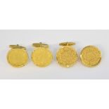 Two pairs of gold coin cufflinks, each mounted with 1950 Saudi Arabia Guinea, set in yellow gold