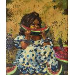 20th century Spanish School, a young girl eating watermelon, indistinctly signed 'Mi.......', oil on