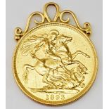 Victorian 1893 veiled head double sovereign pendant, measuring 28.2mm in diameter, with pendant loop