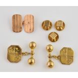 Edwardian gold cufflinks, with chain and t-bar fixings, three engine turned dress studs,