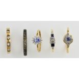 Five Edwardian rings, two set with sapphire and small diamonds, mounted in 18ct, one sapphire and