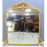 Early 20th century gilt gesso framed wall mirror the crest with Prince of Wales feathers, 122cm x