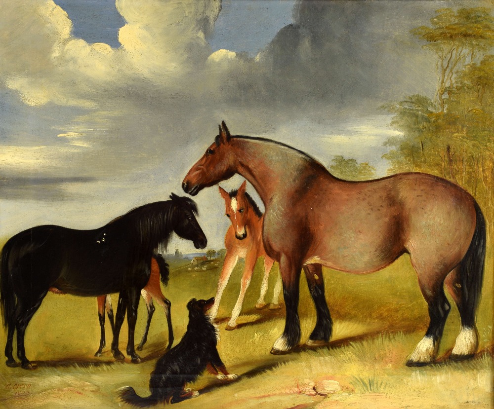 C. Green. Horses and Foals with a collie dog in a field. Oil on canvas. Signed and dated 1865.