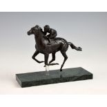 § Sarah Ponsonby born 1943, bronze sculpture of racehorse and jockey, signed, supported by a perspex