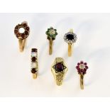 Collection of six gem set rings, sapphire and diamond cluster ring, mounted in 18ct, ring size K,