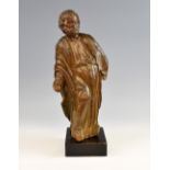 18th century carved wood figure of an Apostle 41cm high on later stand.