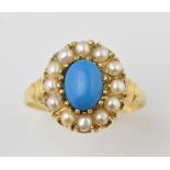 Turquoise and pearl cluster ring in 9 ct gold mount .