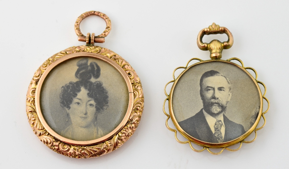 Two 19th C double sided open lockets, one with scroll decorated border measuring approximately 3.5cm - Image 2 of 2